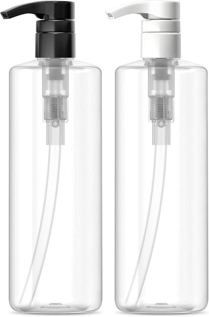 Bar5F Plastic Lotion Bottles with Black & White Pumps, 16 oz | Leak Proof, Empty Clear Cylinder, Refillable, BPA Free for Shampoo, Moisturizer, Face Cream, Liquid Hand Soap | Pack of 2
