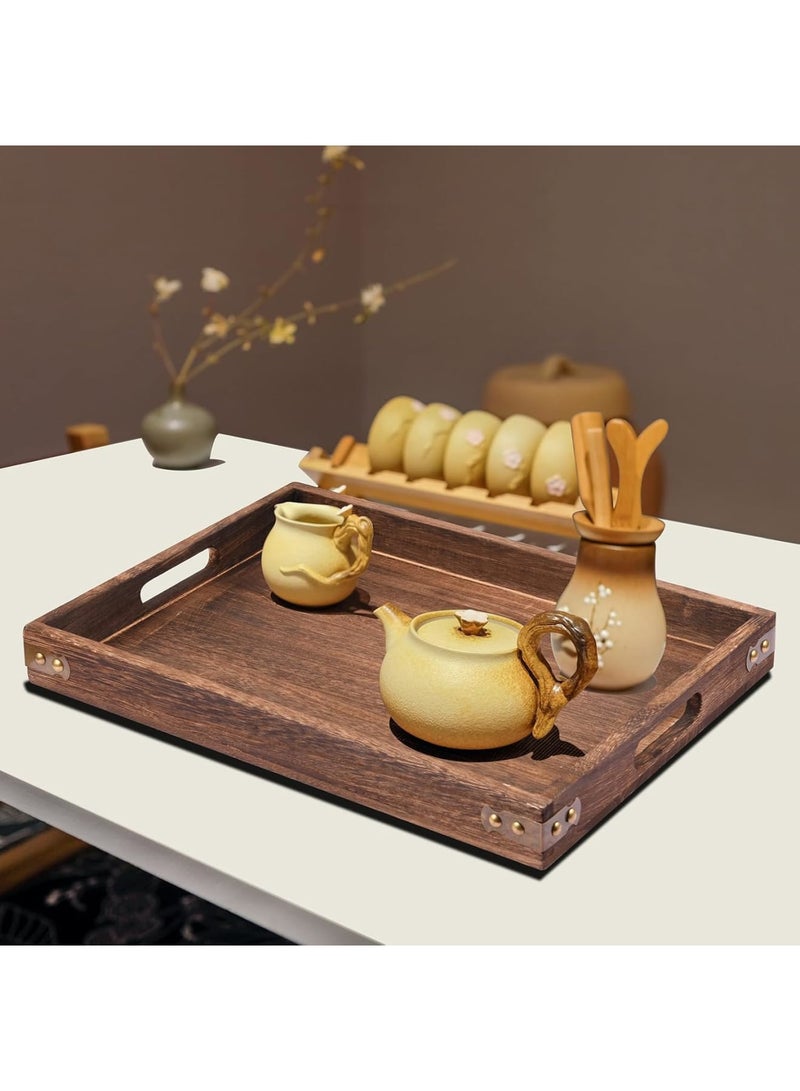 Luckam صينية تقديم خشبية، مجموعة 3 قطع صينية مستطيلة مع مقبض، صينية طاولة قهوة صينية زخرفية للشاي، القهوة، الإفطار، مركز الطاولة، 3 أحجام - Image 2
