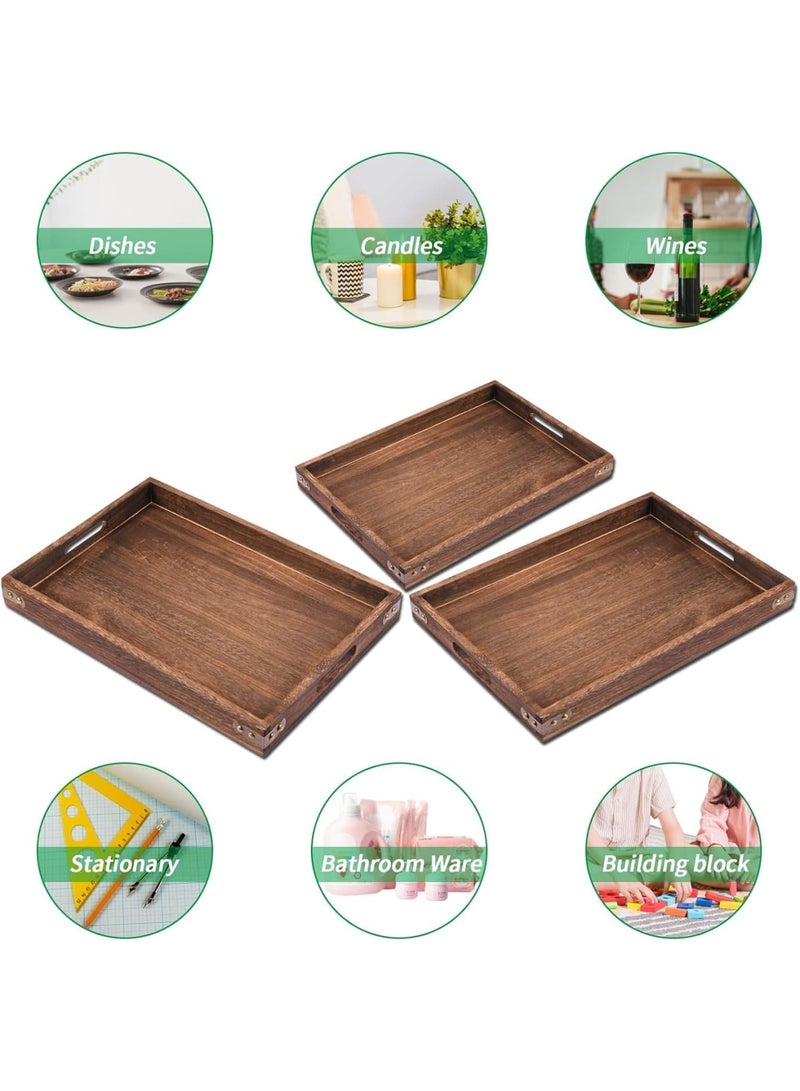 Luckam صينية تقديم خشبية، مجموعة 3 قطع صينية مستطيلة مع مقبض، صينية طاولة قهوة صينية زخرفية للشاي، القهوة، الإفطار، مركز الطاولة، 3 أحجام - Image 3