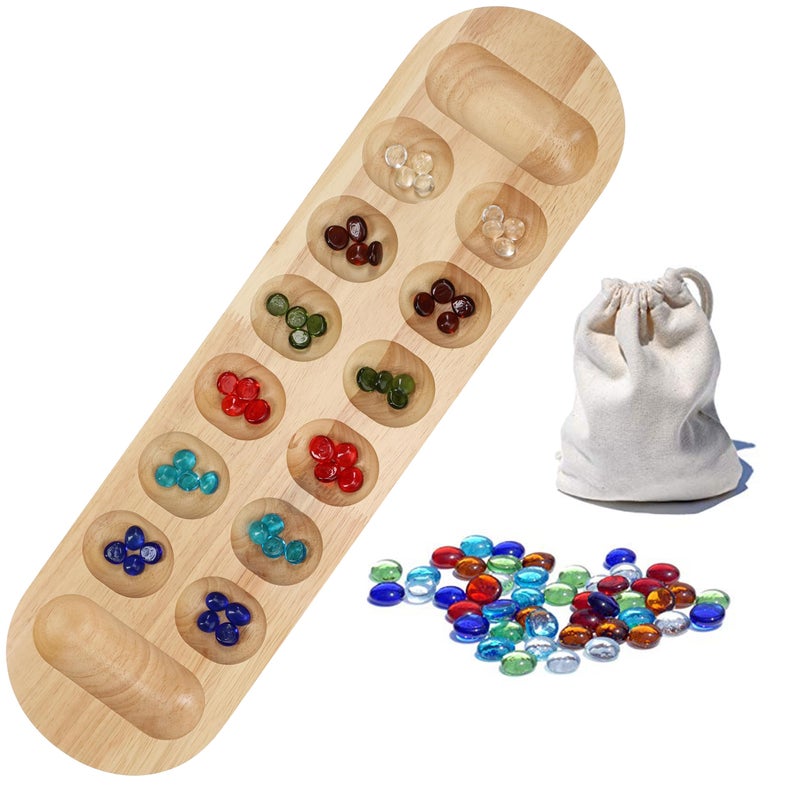 WE Games Classic Mancala Board Game 22 inch Large Natural Wood Board with Assorted Glass Mancala Stones African Stone Game Table Top Dcor - Image 3
