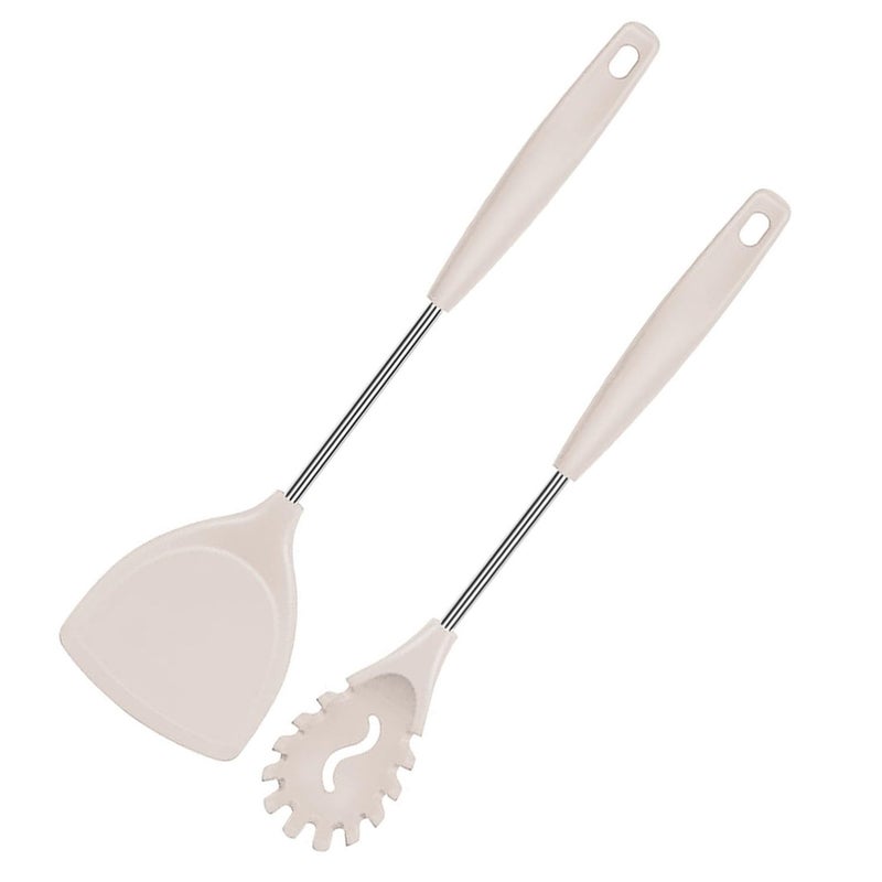 P Plus Fire P Plus Fire Slotted Spoon Spoon Fork Pasta Server Spagethi Server Silicone Noodle Spatula Dosa Spatula for Non Stick Pan Dosa Turner Stainless Steel Dosa Karandi Set of 2 Cream  - Image 1