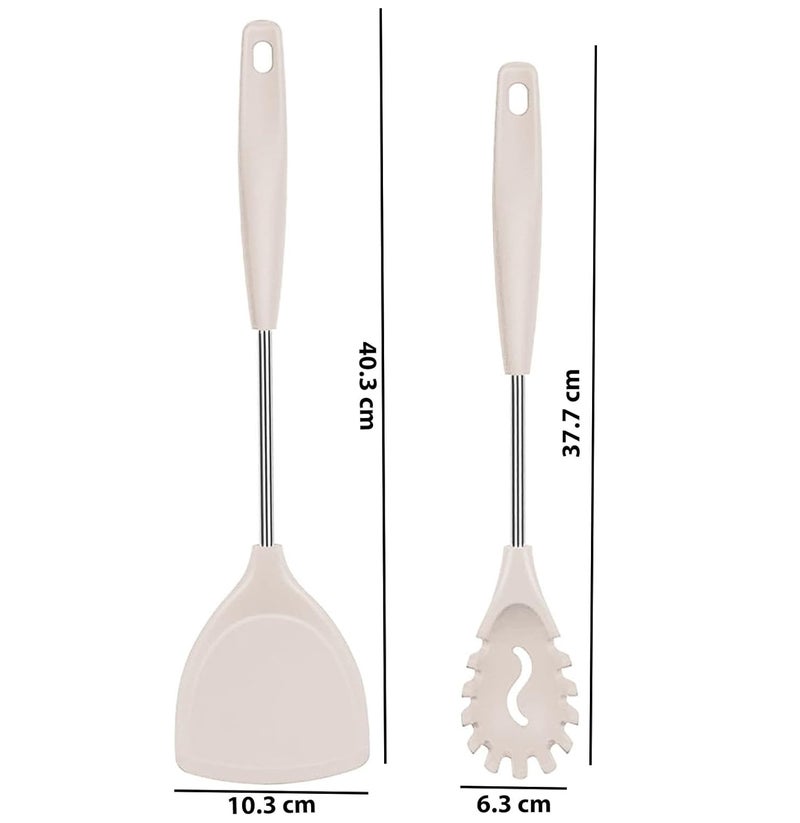 P Plus Fire P Plus Fire Slotted Spoon Spoon Fork Pasta Server Spagethi Server Silicone Noodle Spatula Dosa Spatula for Non Stick Pan Dosa Turner Stainless Steel Dosa Karandi Set of 2 Cream  - Image 2