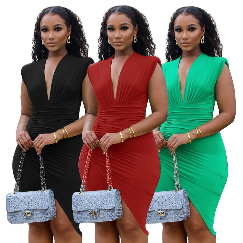 9793 Cross-border Europe and America Amazon V-neck Low-cut Pleated Temperament Sleeveless Pad Shoulder Commuting Irregular dress Black - Image 2