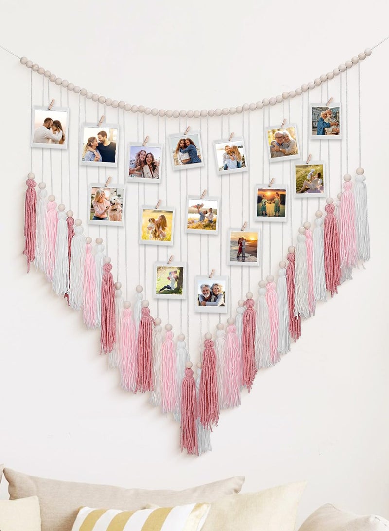 نجم ستايل شرابة معلقة حائط معلقة على الحائط - كبيرة مع خرز خشبي ديكور بوهيمي لغرفة النوم وغرفة المعيشة والمطبخ باللون الوردي الوردي الدافئ 35 بوصة × 36 بوصة - Image 1