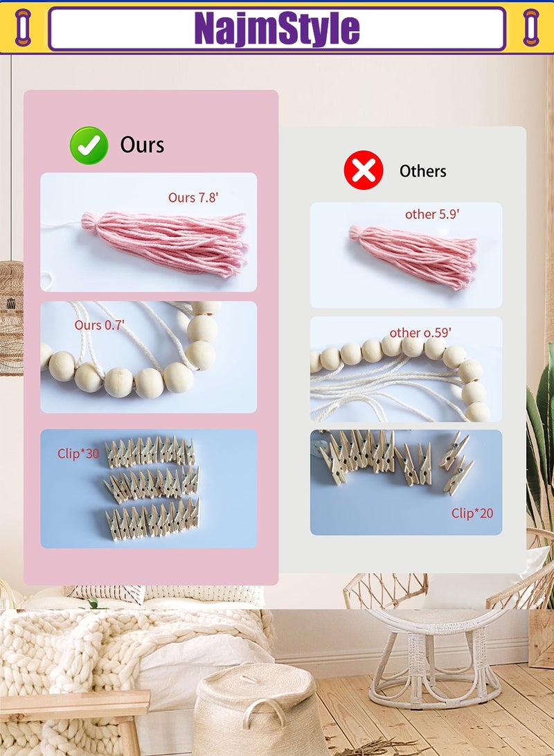 نجم ستايل شرابة معلقة حائط معلقة على الحائط - كبيرة مع خرز خشبي ديكور بوهيمي لغرفة النوم وغرفة المعيشة والمطبخ باللون الوردي الوردي الدافئ 35 بوصة × 36 بوصة - Image 2