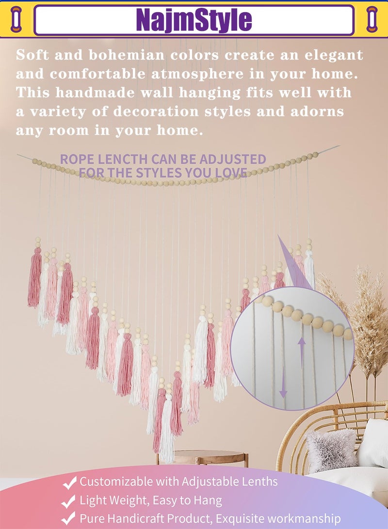 نجم ستايل شرابة معلقة حائط معلقة على الحائط - كبيرة مع خرز خشبي ديكور بوهيمي لغرفة النوم وغرفة المعيشة والمطبخ باللون الوردي الوردي الدافئ 35 بوصة × 36 بوصة - Image 3