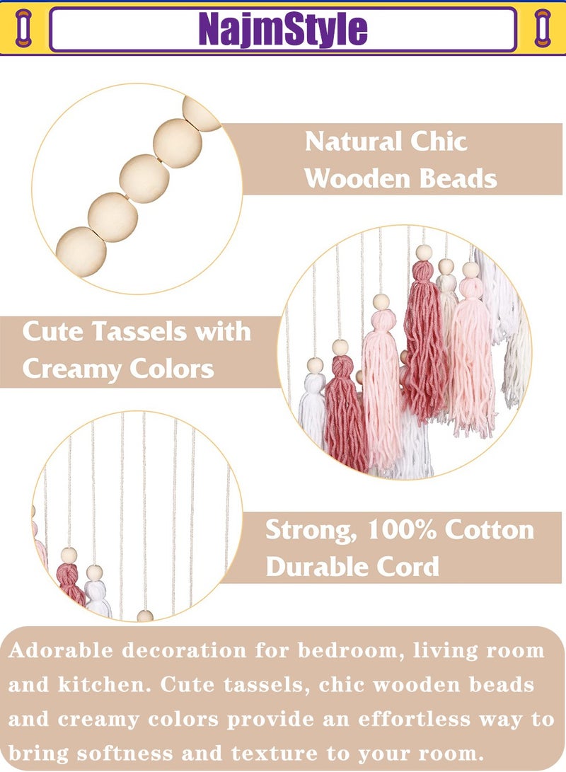 نجم ستايل شرابة معلقة حائط معلقة على الحائط - كبيرة مع خرز خشبي ديكور بوهيمي لغرفة النوم وغرفة المعيشة والمطبخ باللون الوردي الوردي الدافئ 35 بوصة × 36 بوصة - Image 5