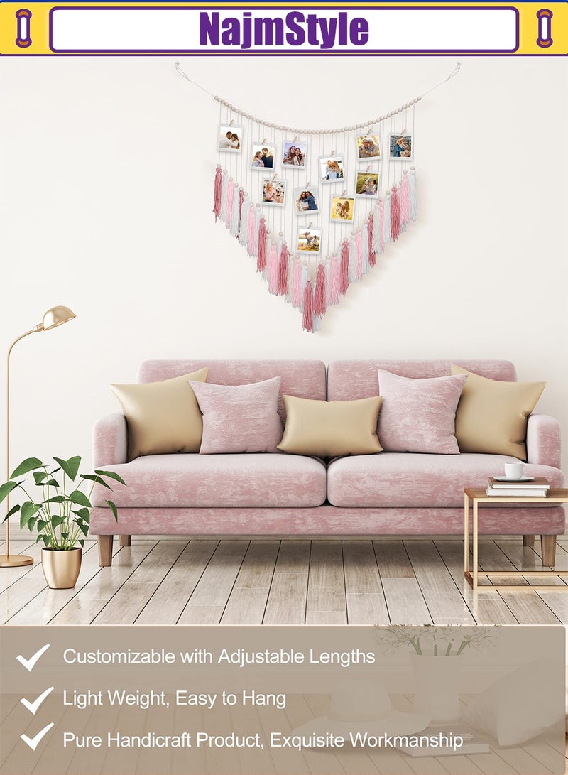 نجم ستايل شرابة معلقة حائط معلقة على الحائط - كبيرة مع خرز خشبي ديكور بوهيمي لغرفة النوم وغرفة المعيشة والمطبخ باللون الوردي الوردي الدافئ 35 بوصة × 36 بوصة - Image 4