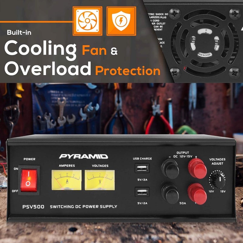 Pyramid Pyramid PSV500 Universal Compact 50 Amp Adjustable 12 to 15 Volts Output Home Bench Power Converter Supply with 2 USB Ports and Overload Protection  - Image 5