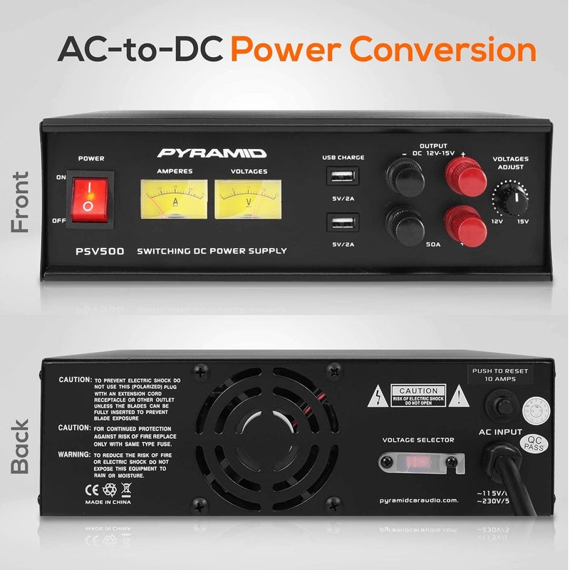 Pyramid Pyramid PSV500 Universal Compact 50 Amp Adjustable 12 to 15 Volts Output Home Bench Power Converter Supply with 2 USB Ports and Overload Protection  - Image 2