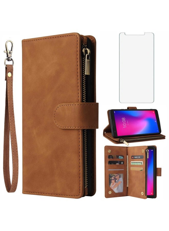 Asuwish Compatible with ZTE Avid 579 Z5156CC Wallet Case and Tempered Glass Screen Protector Leather Flip Cover Card Holder Stand Cell Accessories Phone Cases for ZTE Blade A3 2020/A3 Joy Women Brown - Image 1
