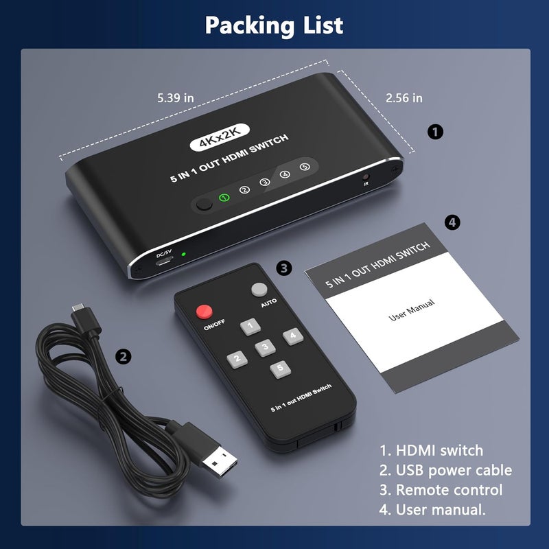 Closs 5 in 1 HDMI Switch with Remote 4K, 5 Port HDMI Switcher, HDMI Selector Splitter Box with LED Indicators, Game Switcher Hub with USB Powered for PS5 Xbox Fire Stick Roku TV Monitor - Image 5