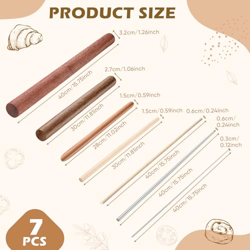 Baderke 7 Pcs Italian Rolling Pins Set Wood and Stainless Steel Pasta Rolling Pin Dough Pasta Roller for Making Wontons Dumplings Pastas Ramen Udon Noodles Flat Bread Tortillas - Image 3