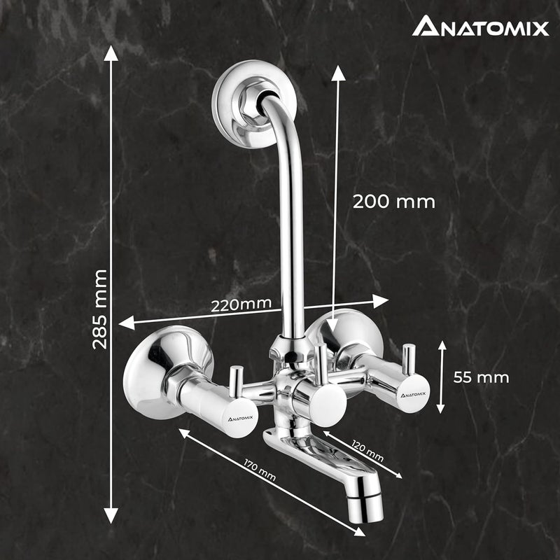 ANATOMIX Slim Brass Wall Mixer for Bathroom with Stainless Steel 125mm Long LBend Provision for Overhead Shower Chrome Finish Bath Mixer System - Image 4