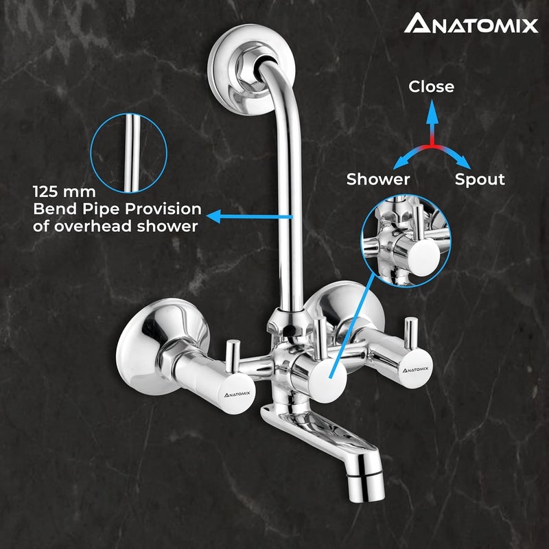 ANATOMIX Slim Brass Wall Mixer for Bathroom with Stainless Steel 125mm Long LBend Provision for Overhead Shower Chrome Finish Bath Mixer System - Image 5