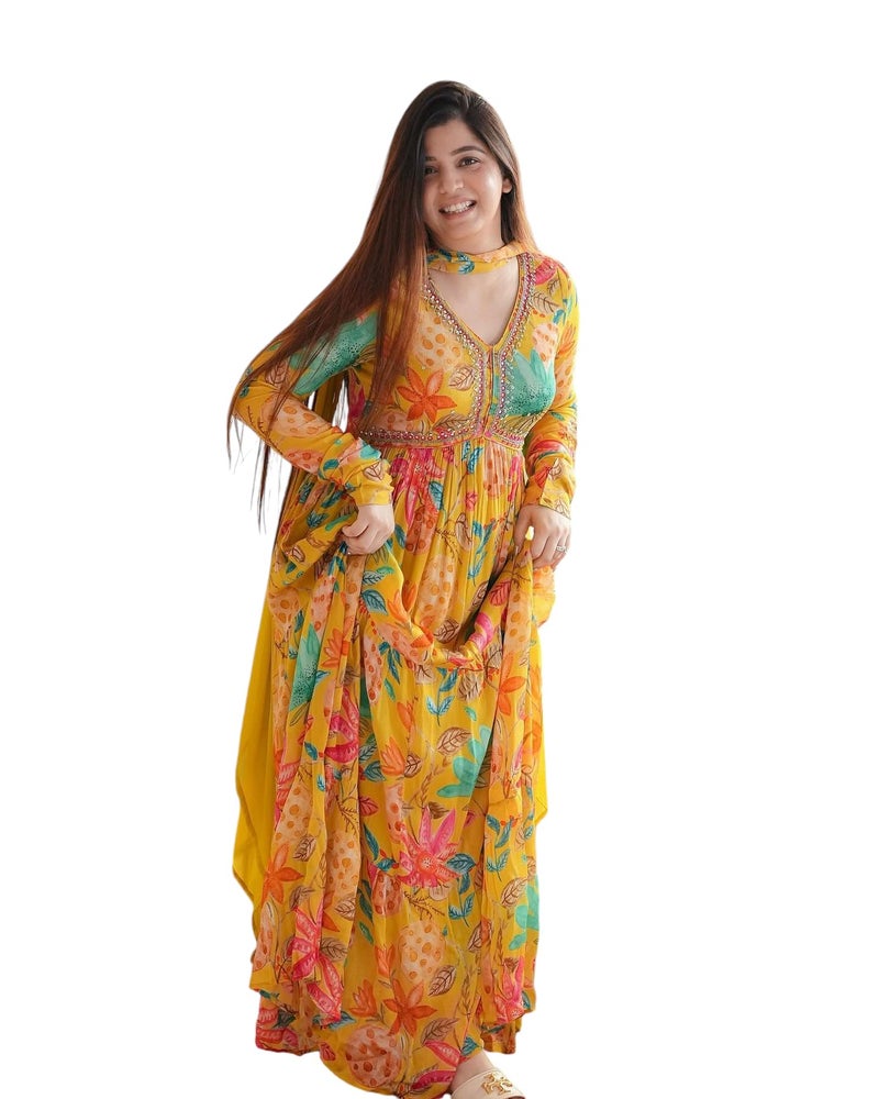 KD Women's Anarkali Floral Printed Kurta Pant Set with Dupatta Anarkali Kurta kurti for Women (Medium, YELLOW) - Image 1