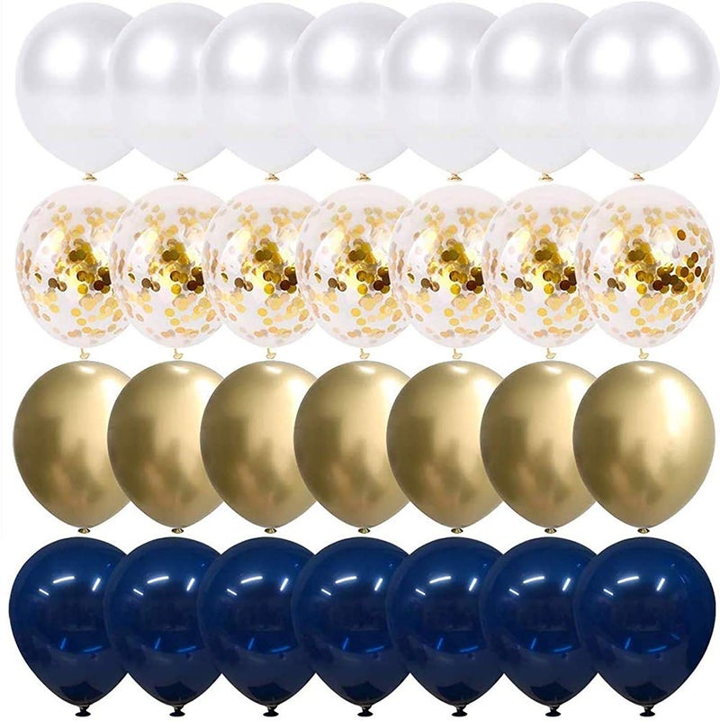 LB L B 50pcs 12" Pearl White & Gold Metallic Chrome Confetti Balloons - Navy Blue & Gold - Graduation & Birthday - Unisex - All Ages - Image 1