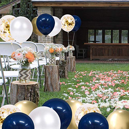 LB L B 50pcs 12" Pearl White & Gold Metallic Chrome Confetti Balloons - Navy Blue & Gold - Graduation & Birthday - Unisex - All Ages - Image 4