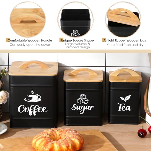 Maxdot 3 Set Coffee Sugar Tea Containers, Square Airtight Kitchen Canisters Storage Ground Organization with Bamboo Lids Rustic Metal Jars for Coffee Bar Beans, Tea Leaves, Food, Countertop(Black) - Image 3
