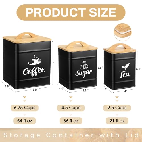 Maxdot 3 Set Coffee Sugar Tea Containers, Square Airtight Kitchen Canisters Storage Ground Organization with Bamboo Lids Rustic Metal Jars for Coffee Bar Beans, Tea Leaves, Food, Countertop(Black) - Image 2