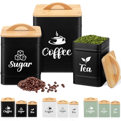 Maxdot 3 Set Coffee Sugar Tea Containers, Square Airtight Kitchen Canisters Storage Ground Organization with Bamboo Lids Rustic Metal Jars for Coffee Bar Beans, Tea Leaves, Food, Countertop(Black) - Image 1