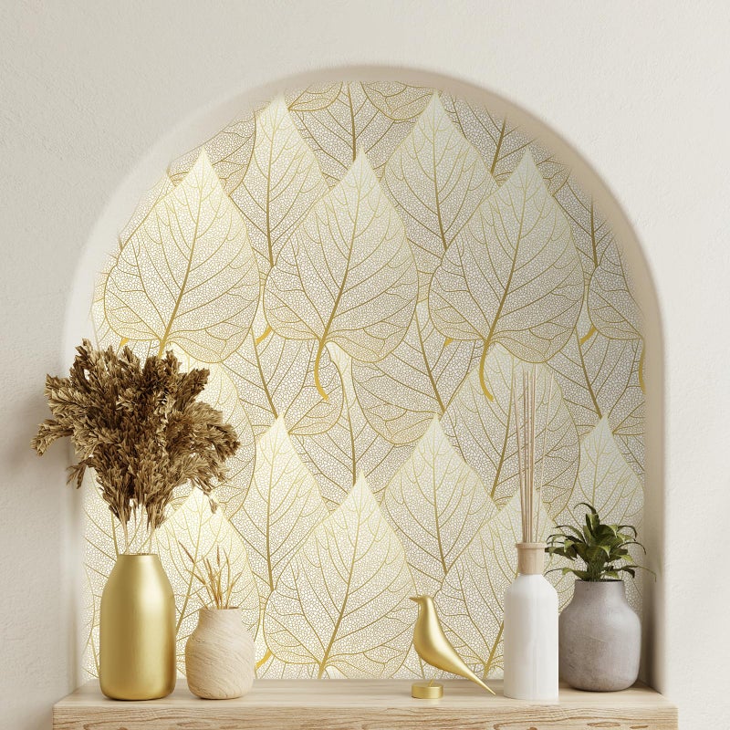 VaryStyle 17.7"x118" Luxury Gold Leaf Wallpaper White/Gold Peel and Stick Wallpaper Leaves Wall Mural Self Adhesive Stick on Vinyl Wallpaper Gold Contact Paper for Cabinets Bathroom Walls Shelf Liner - Image 3