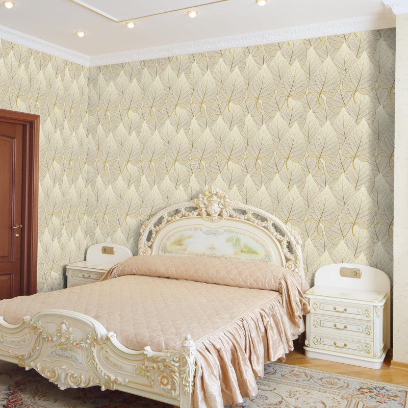 VaryStyle 17.7"x118" Luxury Gold Leaf Wallpaper White/Gold Peel and Stick Wallpaper Leaves Wall Mural Self Adhesive Stick on Vinyl Wallpaper Gold Contact Paper for Cabinets Bathroom Walls Shelf Liner - Image 5