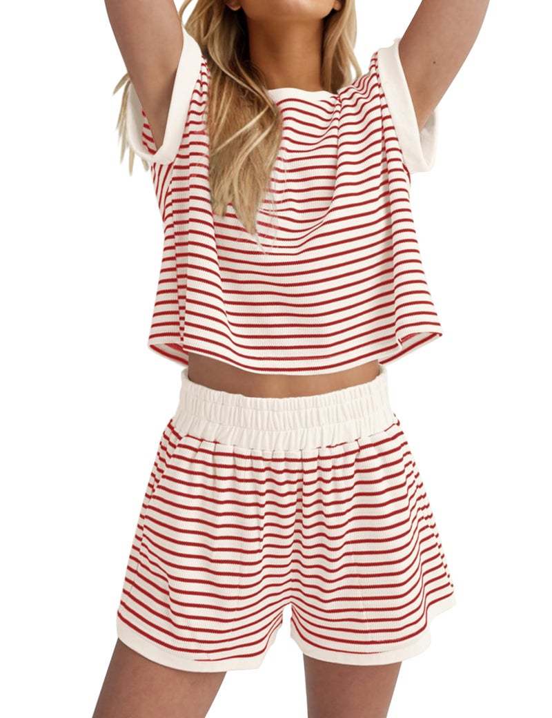 MISSACTIVER 2 Piece Lounge Set Women Stripe Knit Short Sleeve Tee Shirts Shorts Casual Summer Loungewear Shorts Sets - Image 1