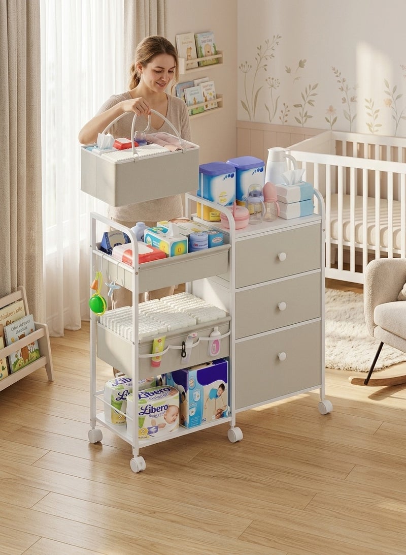 WALALLA 2-in-1 Baby Diaper Caddy Organizer - 3-Tier Rolling Storage Cart with Dust-Proof Drawers & Detachable Basket, Mobile Nursery Station for Changing Table, Clothes & Newborn Essentials - White - Image 1
