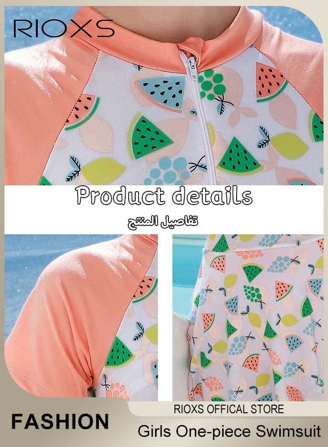 RIOXS Girls One-piece Rash Guard Swimsuit, Breathable Quick Dry Short Sleeve Swimwear with Round Neck and Colorful Patterns, Fashionable Front Zip Up Swimming Costume Set, Suitable for Surfing, Diving, Swimming, Water Park or Beach Activities - Image 3