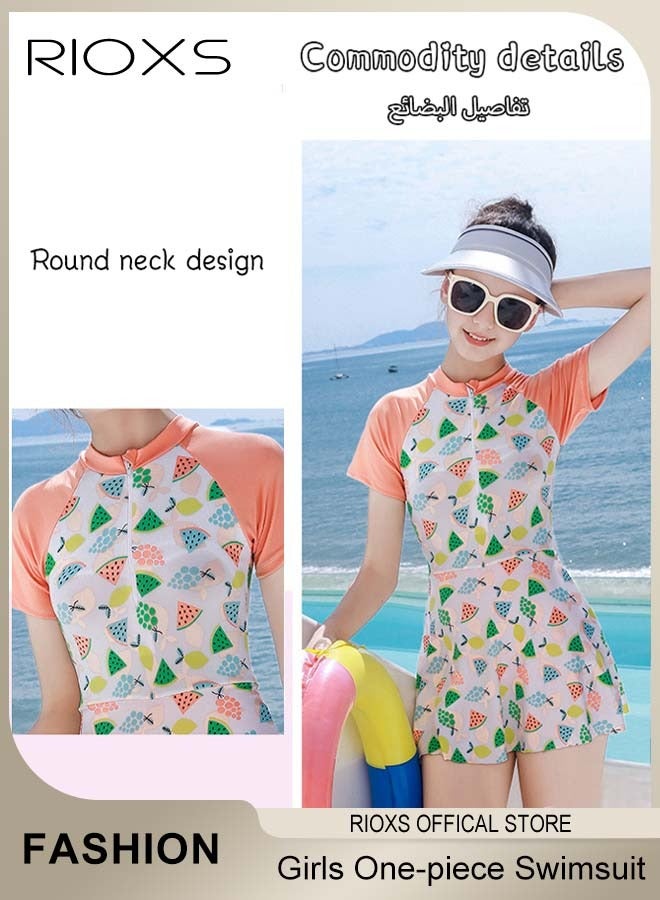 RIOXS Girls One-piece Rash Guard Swimsuit, Breathable Quick Dry Short Sleeve Swimwear with Round Neck and Colorful Patterns, Fashionable Front Zip Up Swimming Costume Set, Suitable for Surfing, Diving, Swimming, Water Park or Beach Activities - Image 2