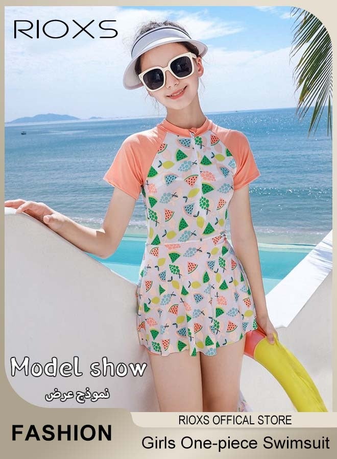 RIOXS Girls One-piece Rash Guard Swimsuit, Breathable Quick Dry Short Sleeve Swimwear with Round Neck and Colorful Patterns, Fashionable Front Zip Up Swimming Costume Set, Suitable for Surfing, Diving, Swimming, Water Park or Beach Activities - Image 4