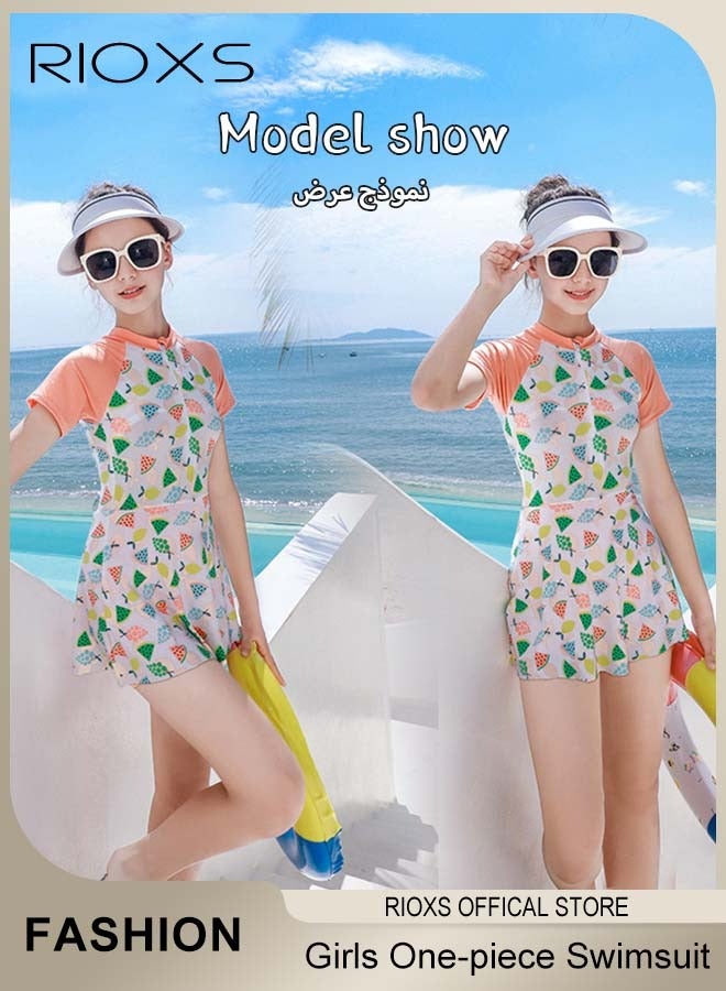 RIOXS Girls One-piece Rash Guard Swimsuit, Zip Up Swimming Costume Set, Fashionable Short Sleeve Swimwear with Round Neck and Colorful Patterns, Made of Efficient Quick-drying and High-density Fabric, Suitable for Surfing, Diving, Swimming or Beach Activities  - Image 2