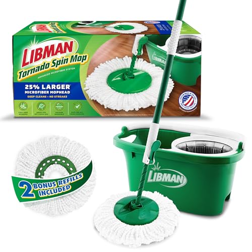 Libman Tornado Spin Mop System with 2 Refill Heads Microfiber Spinning Mop and Bucket with Wringer Set for Home Floor Cleaning of HardWood Laminate Tile All Surface Cleaner 3 Total Mop Heads