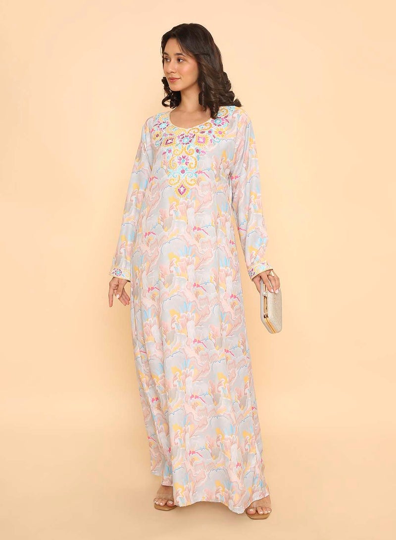 HANA & SARA Unique long elegant light grey printed jalabiya dress - Image 5