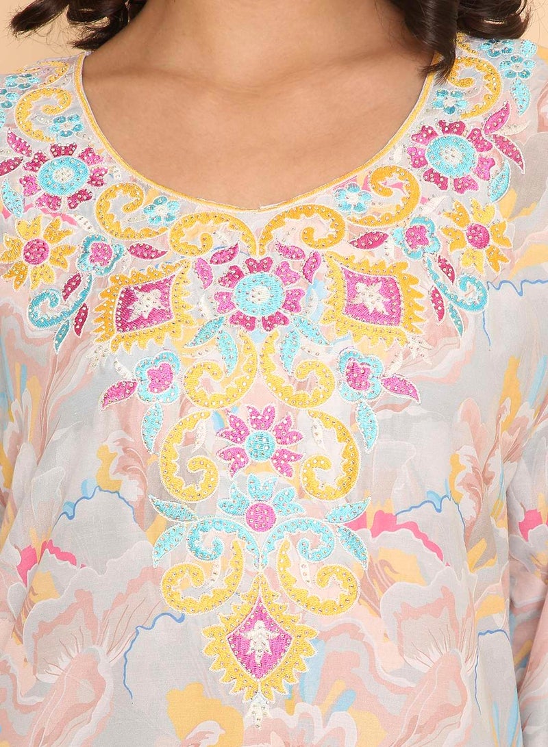 HANA & SARA Unique long elegant light grey printed jalabiya dress - Image 3