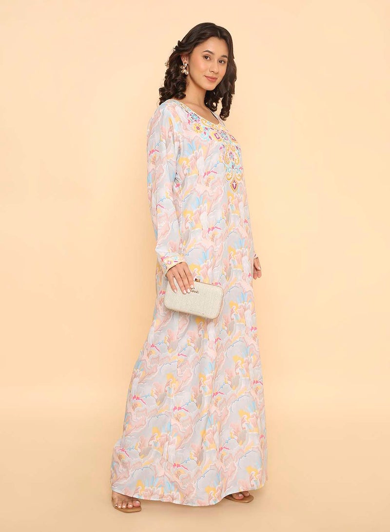 HANA & SARA Unique long elegant light grey printed jalabiya dress - Image 4