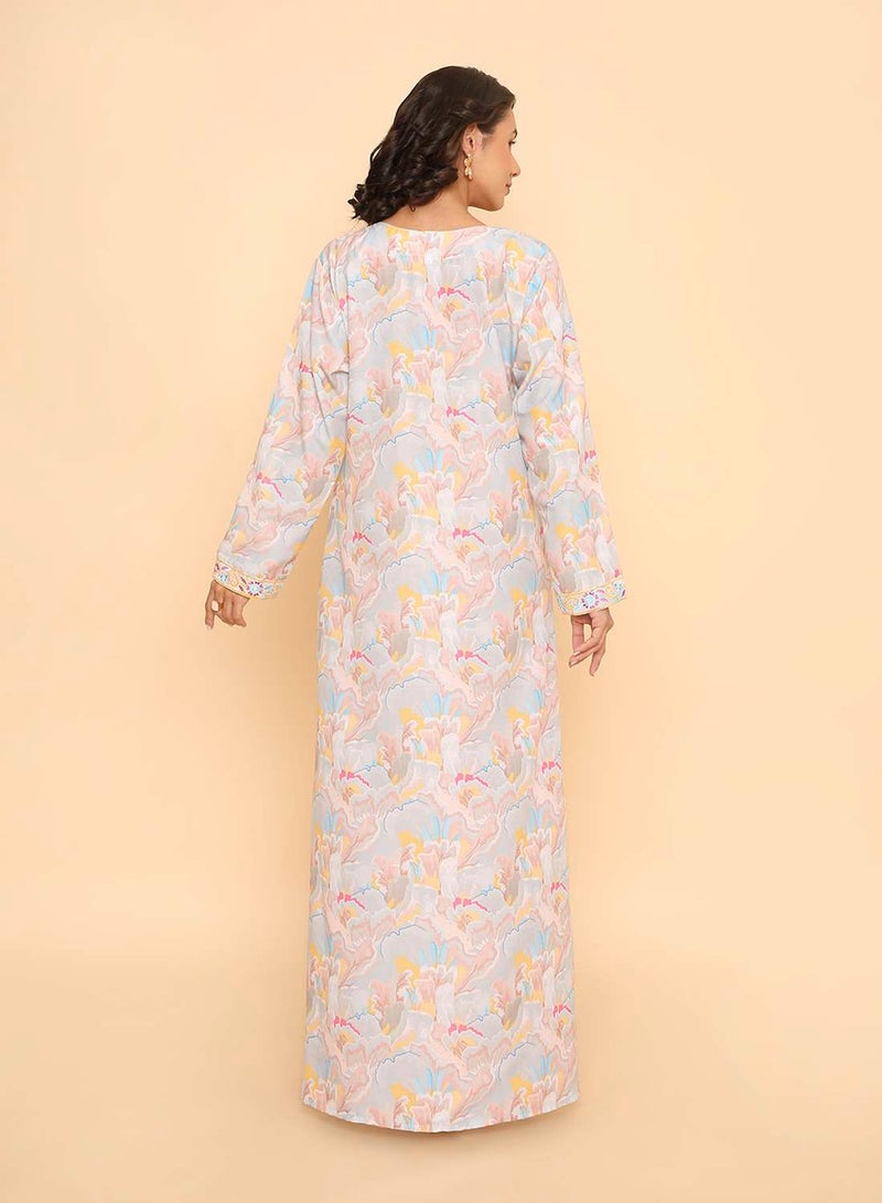 HANA & SARA Unique long elegant light grey printed jalabiya dress - Image 2