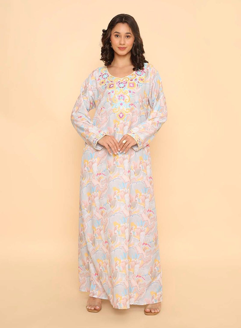 HANA & SARA Unique long elegant light grey printed jalabiya dress - Image 1