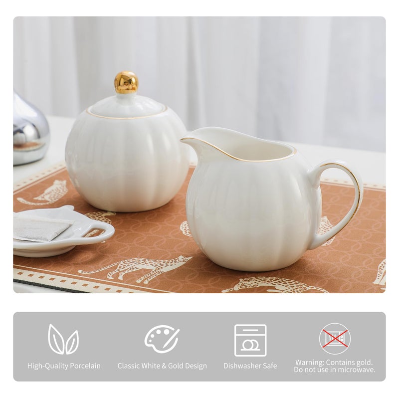 PRECITIME White and Gold Porcelain Sugar Bowl and Creamer Set - 12oz Lidded Sugar Pot & 10oz Milk Jug with gold rim, Elegant Tea and Coffee Accessories, Table Decor and Gift - Image 3
