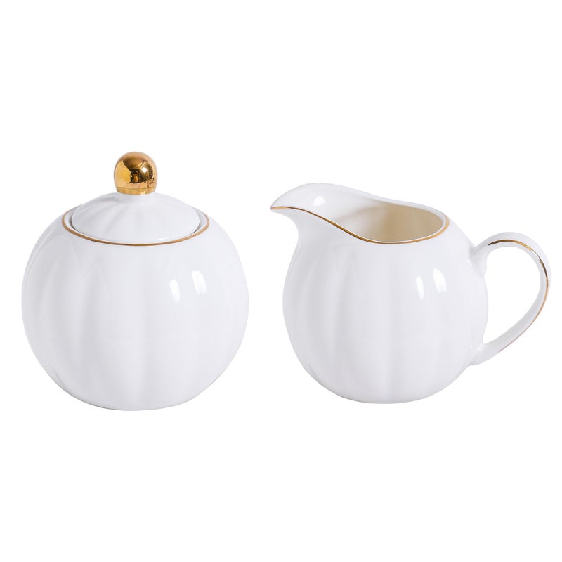 PRECITIME White and Gold Porcelain Sugar Bowl and Creamer Set - 12oz Lidded Sugar Pot & 10oz Milk Jug with gold rim, Elegant Tea and Coffee Accessories, Table Decor and Gift - Image 1