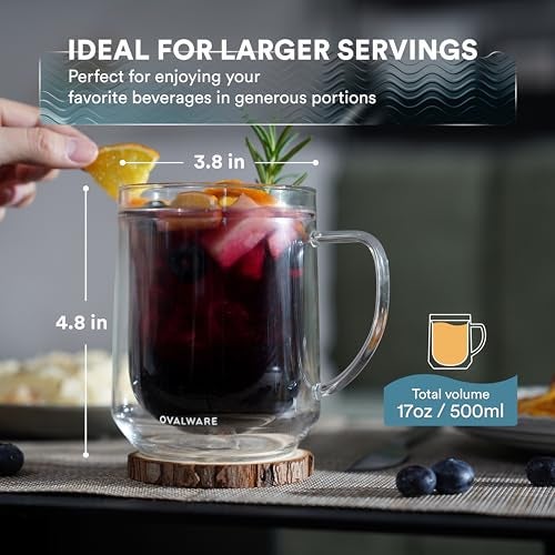 ovalware 500ml Double Wall Glass Coffee Mugs, Single Lip Mugs Made of Durable Borosilicate Glass, Insulated Coffee Mug with Handle for Hot and Cold Drinks - Clear - Image 2