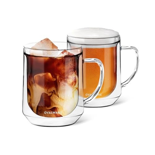 ovalware 500ml Double Wall Glass Coffee Mugs, Single Lip Mugs Made of Durable Borosilicate Glass, Insulated Coffee Mug with Handle for Hot and Cold Drinks - Clear - Image 1