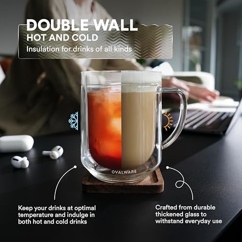 ovalware 500ml Double Wall Glass Coffee Mugs, Single Lip Mugs Made of Durable Borosilicate Glass, Insulated Coffee Mug with Handle for Hot and Cold Drinks - Clear - Image 5