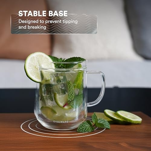 ovalware 500ml Double Wall Glass Coffee Mugs, Single Lip Mugs Made of Durable Borosilicate Glass, Insulated Coffee Mug with Handle for Hot and Cold Drinks - Clear - Image 4