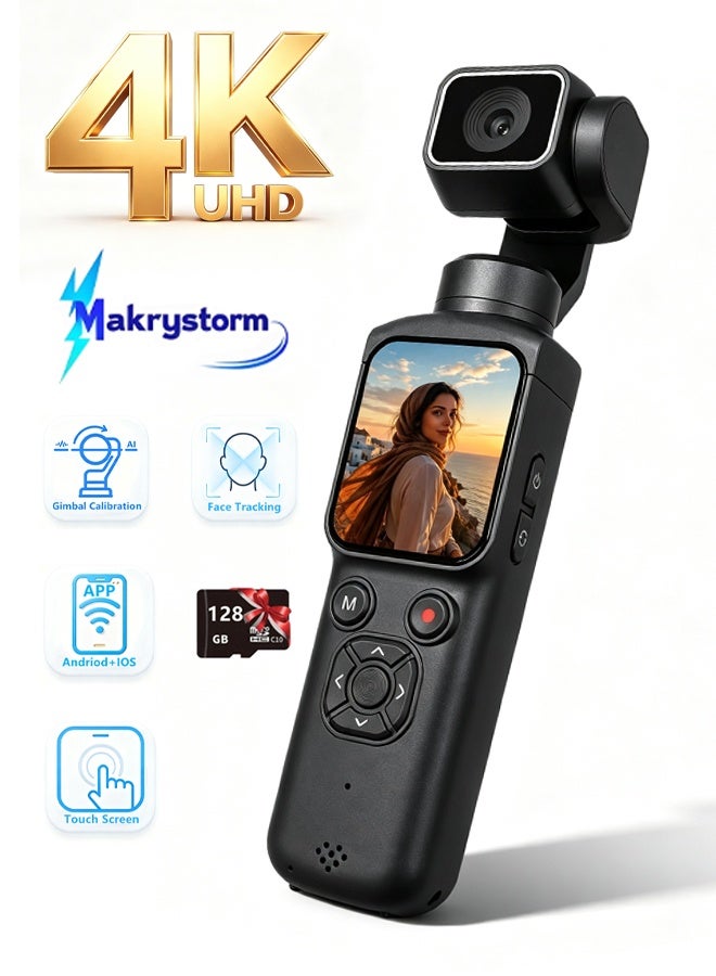 Makrystorm 4K Vlogging Camera with 330° Rotating Lens & Face Tracking, Portable Pocket Digital Camera for YouTube TikTok with WiFi, Includes 128GB Card, Tripod & Carrying Bag,Black - Image 1