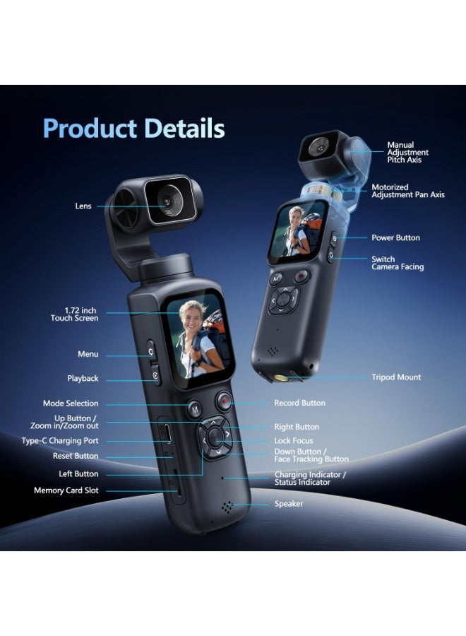 Makrystorm 4K Vlogging Camera with 330° Rotating Lens & Face Tracking, Portable Pocket Digital Camera for YouTube TikTok with WiFi, Includes 128GB Card, Tripod & Carrying Bag,Black - Image 5