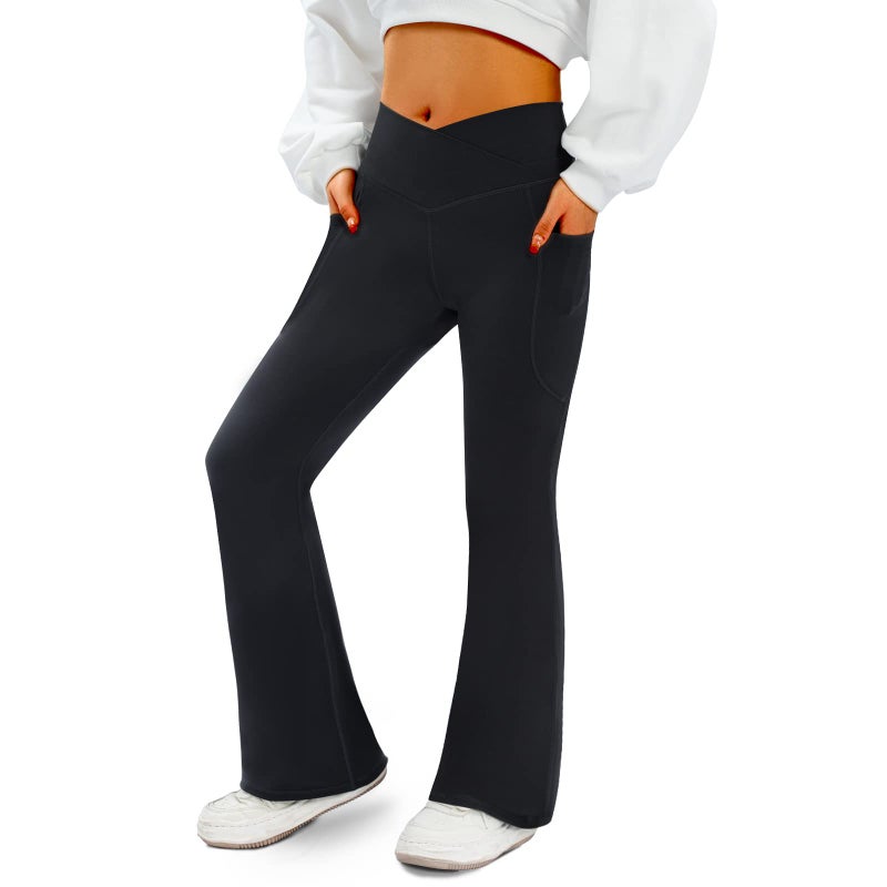 COPYLEAF Women's Flare Yoga Pants with Pockets-V Crossover High Waisted Bootcut Yoga Leggings-Flare Bell Bottom Workout Gym Leggings Black - Image 1
