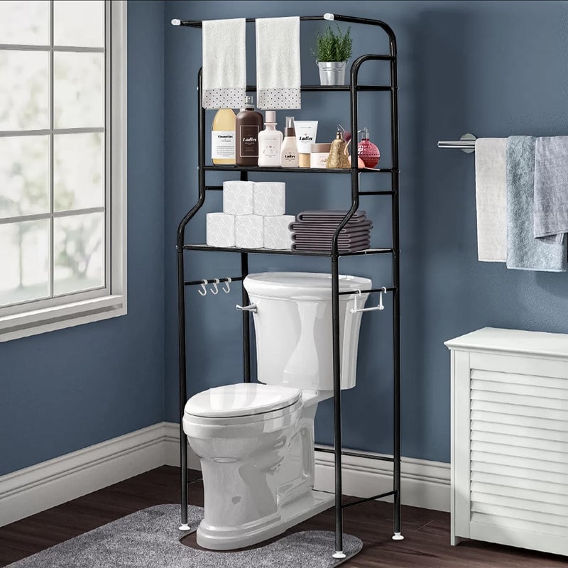 Lukzer 3Layer Over The Machine Bathroom Shelf with Towels Hanging Rod Durable and Sturdy Modern DesignSpace Saver Multifunctional Bathroom Organizer Metal Storage RackBlack - Image 1