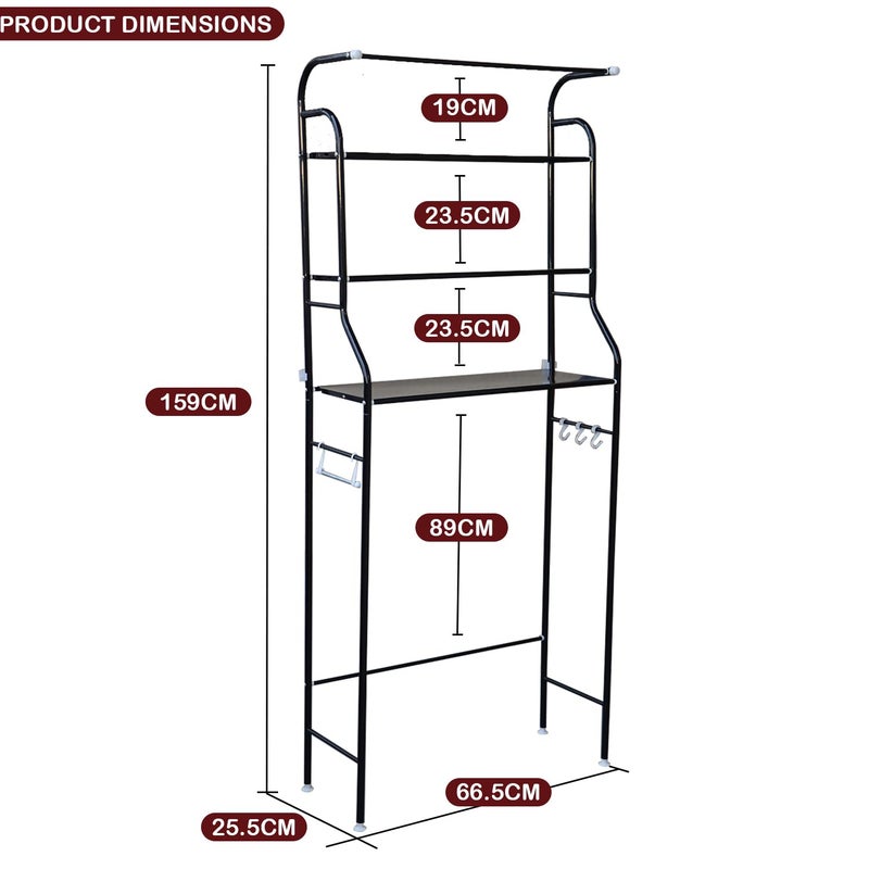 Lukzer 3Layer Over The Machine Bathroom Shelf with Towels Hanging Rod Durable and Sturdy Modern DesignSpace Saver Multifunctional Bathroom Organizer Metal Storage RackBlack - Image 2